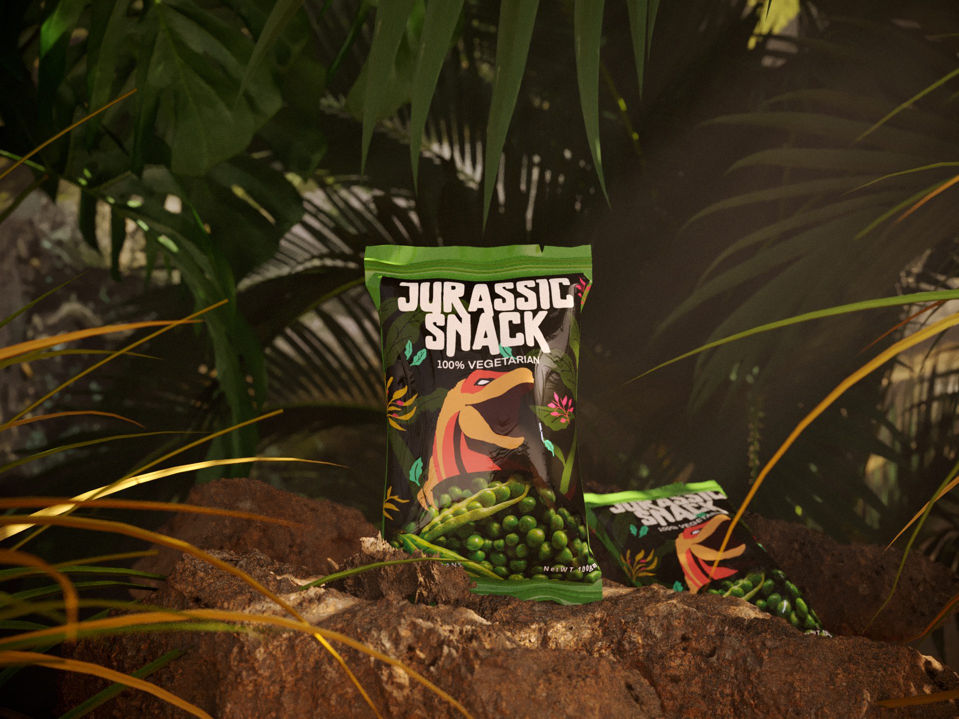 This image depicts a snack product called "Jurassic Snack," with the tagline "100% Vegetarian." The snack is packaged in a vibrant, colorful bag that prominently features illustrations of greenery and a dinosaur. The setting of the image is a lush, jungle-like environment, which complements the product's branding and name, suggesting a prehistoric theme. The snacks themselves appear to be small, green, and pea-like, as shown on the front of the package. The overall design and imagery convey a natural, plant-based product, aligning with the vegetarian claim.